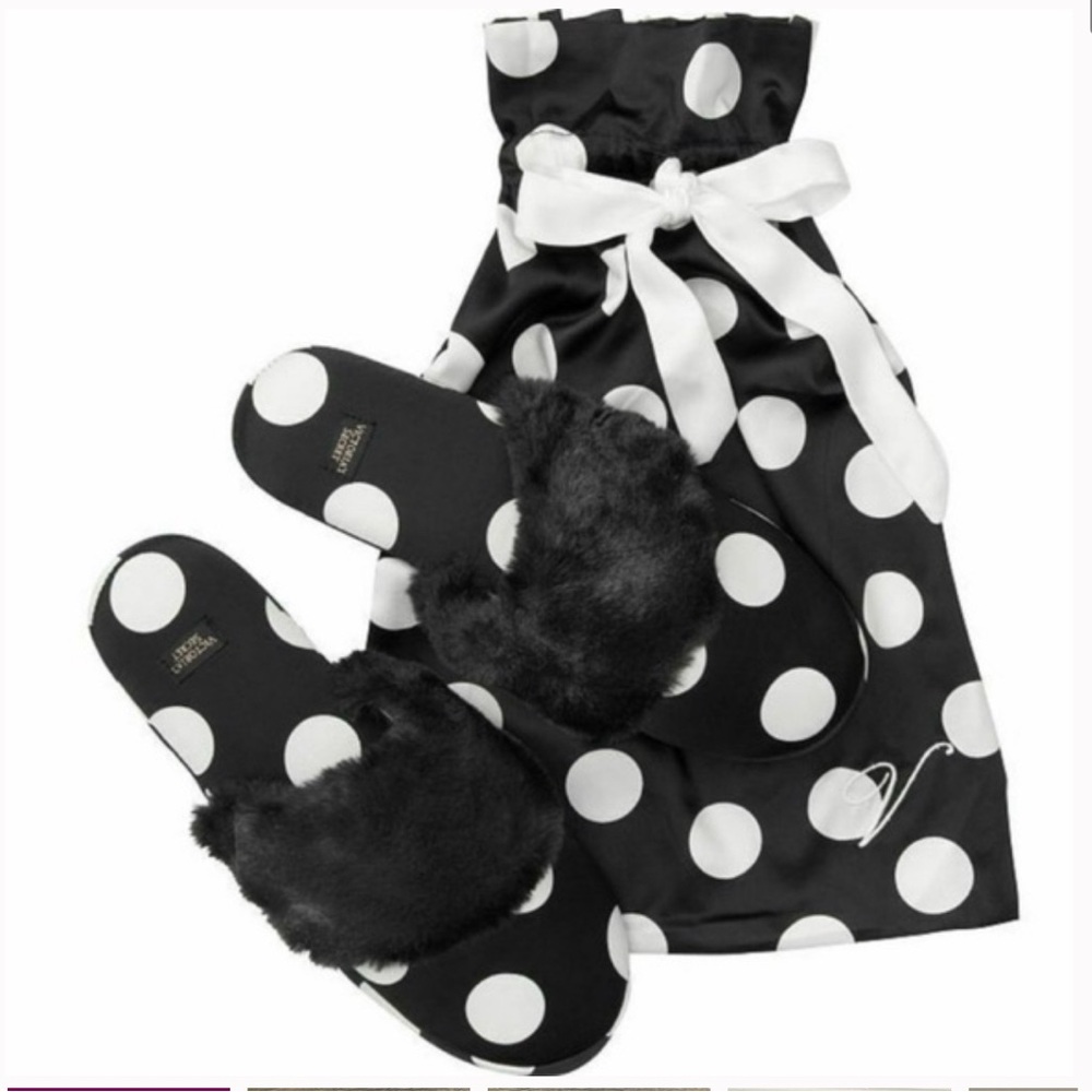 •VICTORIA'S SECERT•BLACK & WHITE POLKA DOT FAUX FUR TRIM SLIPPER W/STORAGE BAG 7